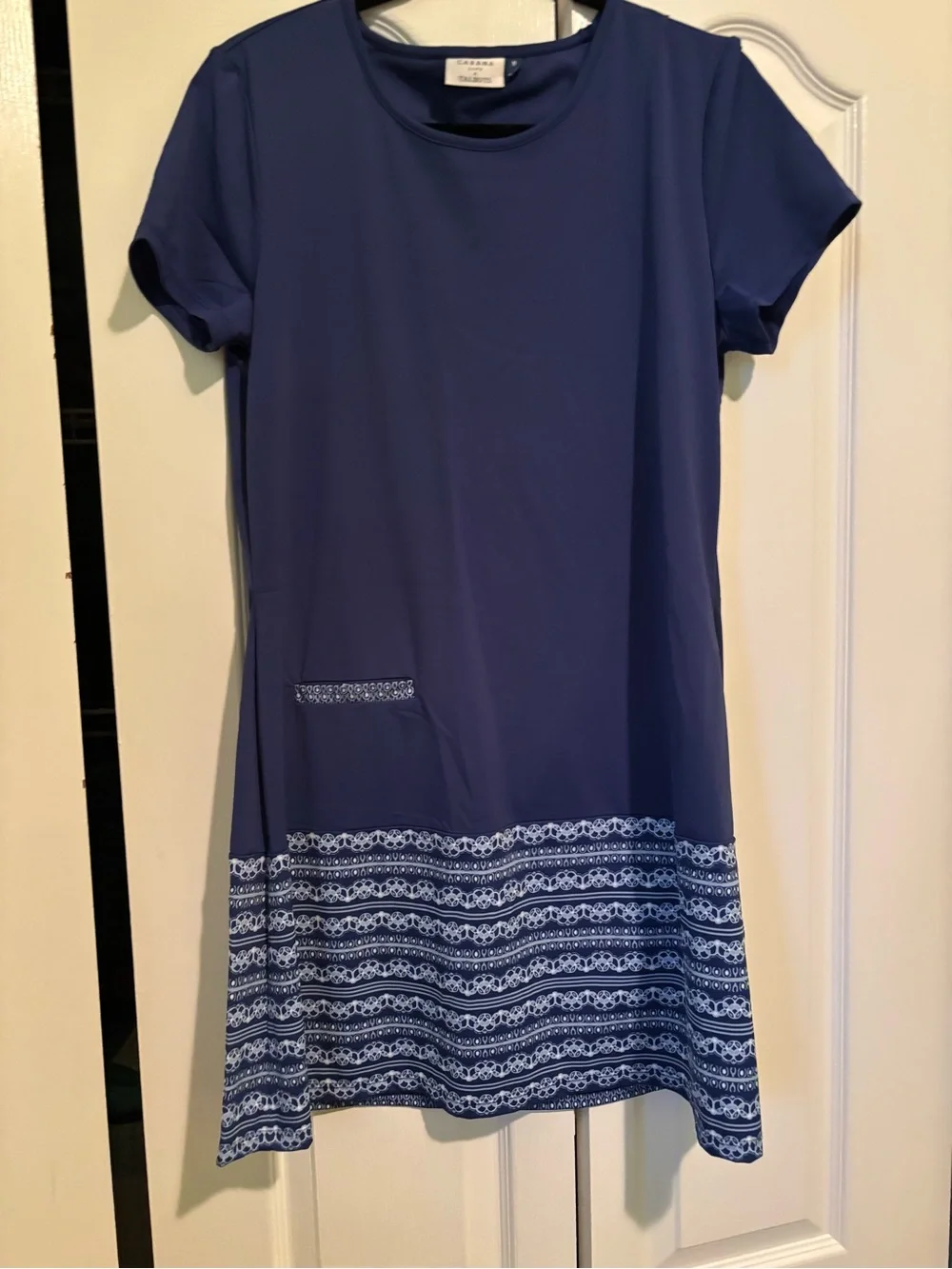 Girls' Navy Blue Short Sleeve Dress with Patterned Hem